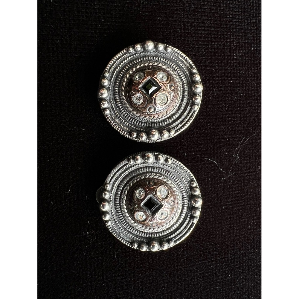VTG Patricia Locke Clip On Swarovski Crystal Button Medallion Signed Earrings